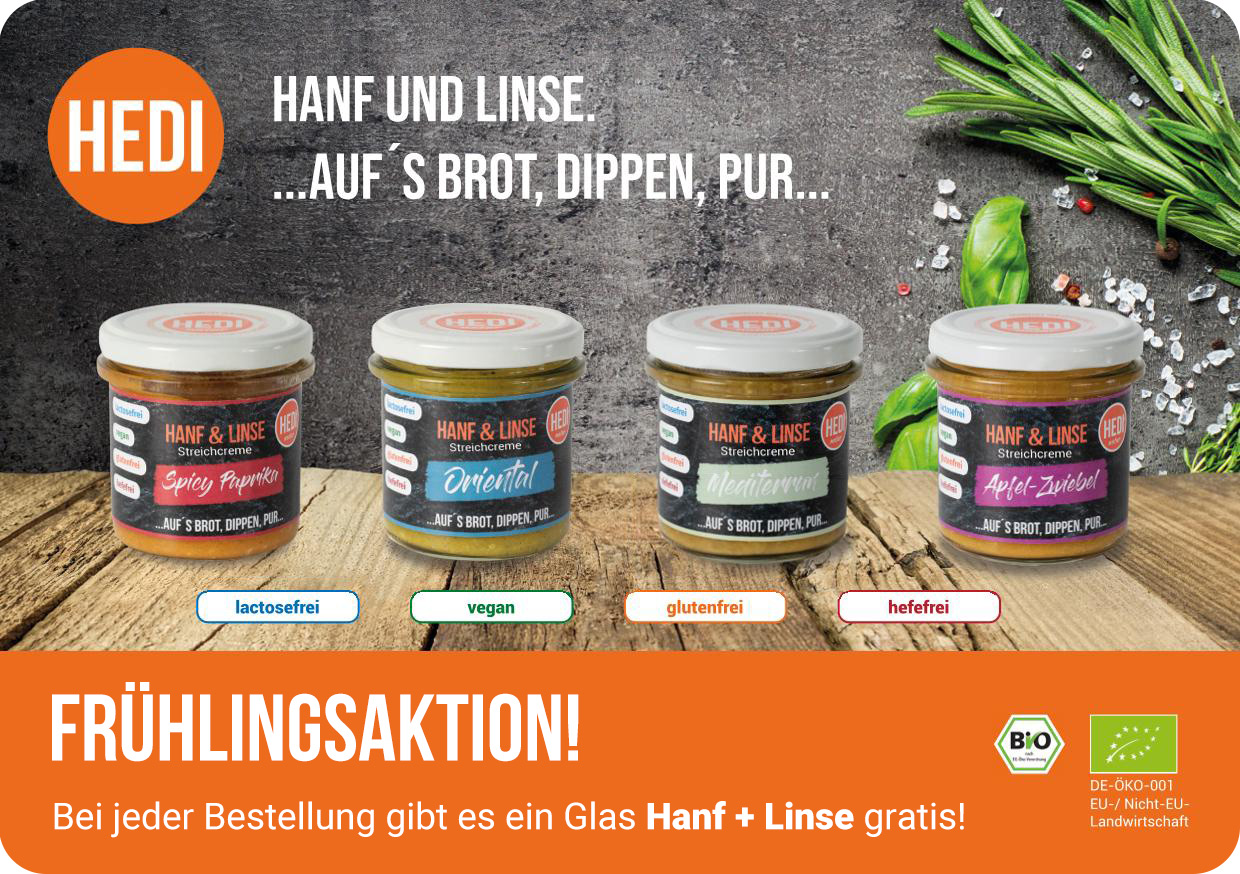 Bei jeder Bestellung gibt es ein Glas Hanf + Linse gratis!